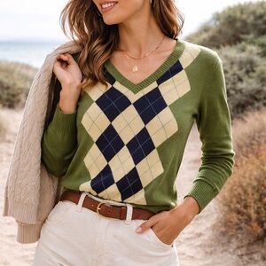 Merona Cotton Argyle V Neck Sweater Green Navy Preppy Size Small
